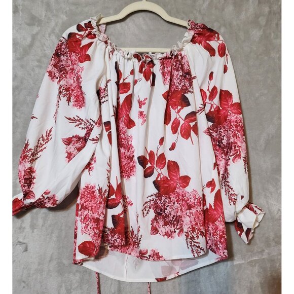 ChicMe Bloody Red floral Off-Shoulder Puff Sleeve Blouse - Chic & Boho Style M - Picture 4 of 5